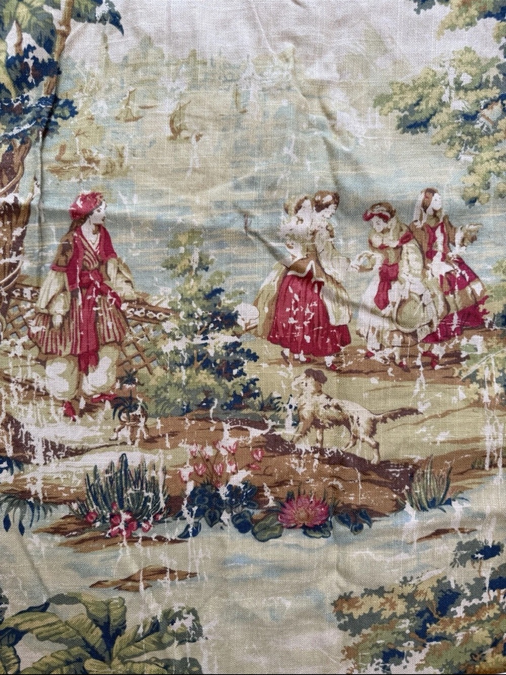 Vintage TPSA Toile Scenic Tapestry Woven Fabric Women Dogs 1 yd + 25" L x 54" W